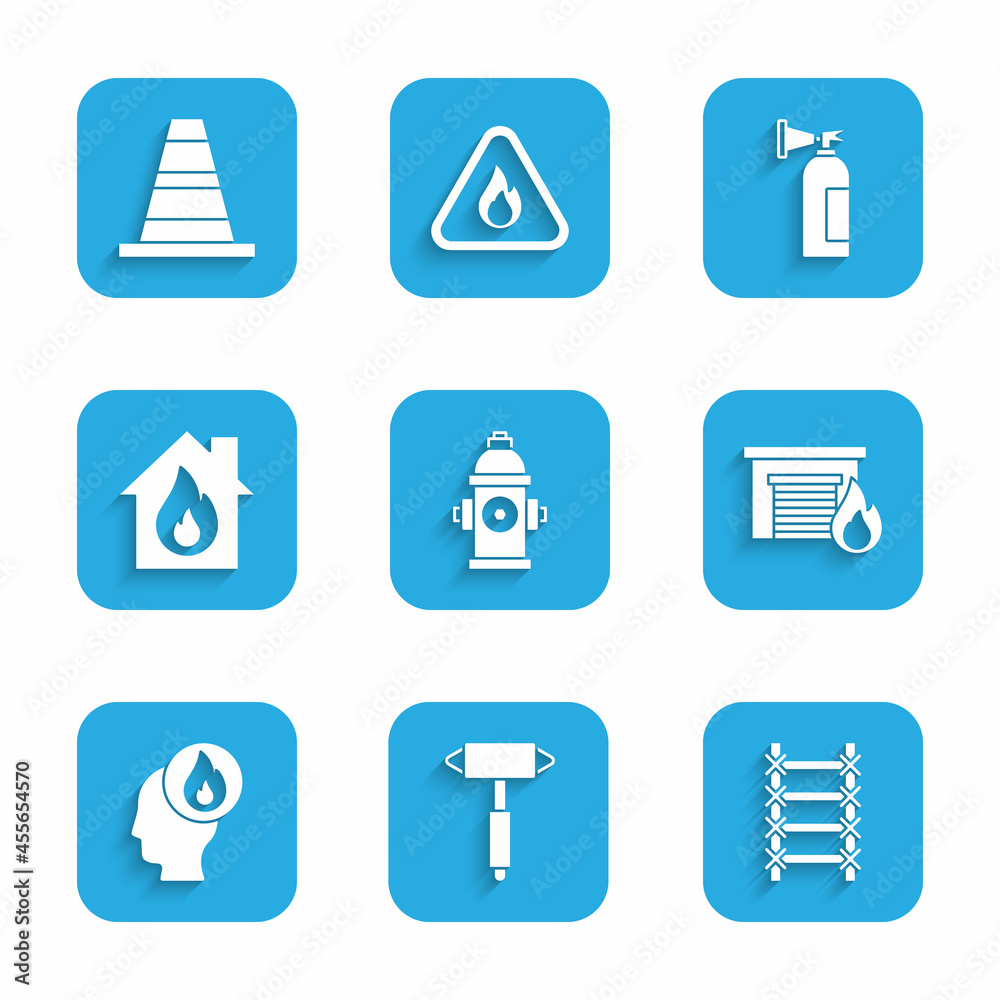 Set Fire hydrant, Firefighter axe, escape, in burning garage, house, extinguisher and Traffic cone icon. Vector Set Fire hydrant, Firefighter axe, escape, in burning garage, house, extinguisher and Traffic cone icon. Vector