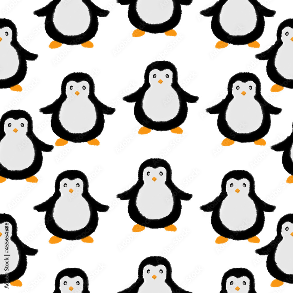 Fototapeta premium Seamless pattern with penguins. Design for a holiday. Printing for wrapping paper. An illustration for printing. Children's composition. Texture for fabric and paper.