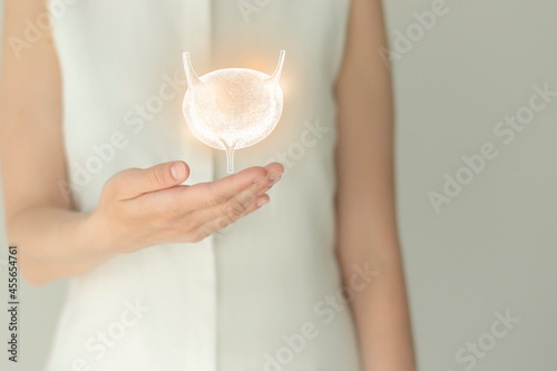 Woman in white clothes holding virtual bladder in hand. Handrawn human organ, detox and healthcare, healthcare hospital service concept stock photo