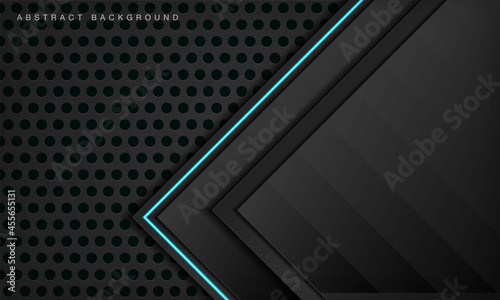 Abstract metallic black frame layout modern technology design template. Overlap dimension layers 3D effect with blue light neon line decoration.