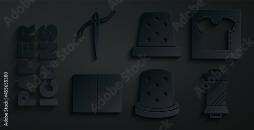 Set Thimble for sewing, Sewing pattern, Textile fabric roll, thread on spool, and Needle with icon. Vector