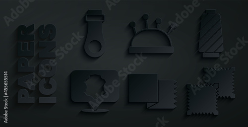 Set Textile fabric roll, Sewing thread on spool, Leather, Needle bed and needles and Zipper icon. Vector