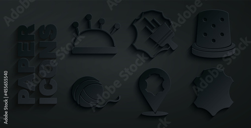 Set Leather, Thimble for sewing, Yarn ball, and Needle bed and needles icon. Vector
