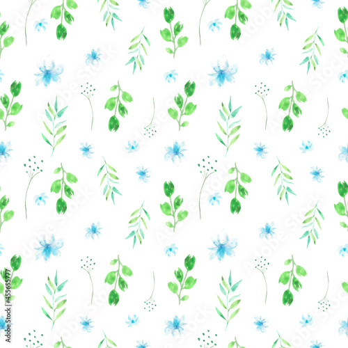 Seamless watercolor pattern. Seamless design with blue flowers and greenery