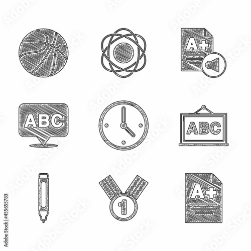 Set Clock, Medal, Exam sheet with A plus grade, Chalkboard, Marker pen, Alphabet, and Basketball ball icon. Vector