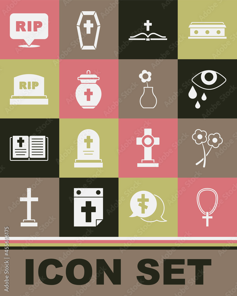 Set Christian cross on chain, Flower, Tear cry eye, Holy bible book, Funeral urn, Tombstone with RIP written, Speech bubble rip death and vase icon. Vector Set Christian cross on chain, Flower, Tear cry eye, Holy bible book, Funeral urn, Tombstone with RIP written, Speech bubble rip death and vase icon. Vector