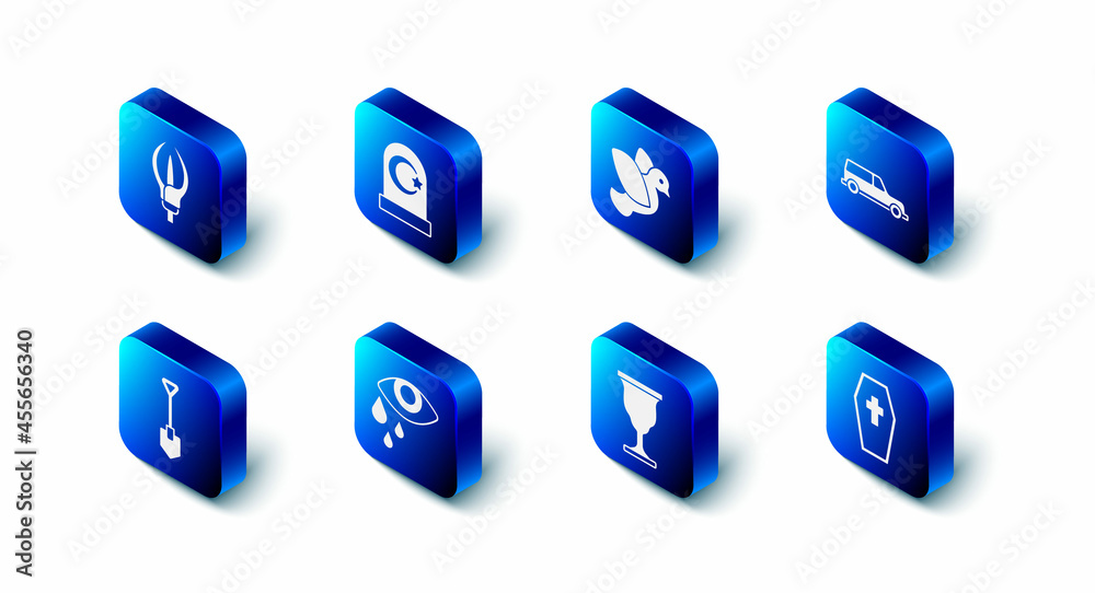 Set Muslim cemetery, Dove, Hearse car, Coffin with cross, Christian chalice, Tear cry eye, Shovel and Lily flower icon. Vector Set Muslim cemetery, Dove, Hearse car, Coffin with cross, Christian chalice, Tear cry eye, Shovel and Lily flower icon. Vector