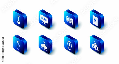 Set Speech bubble rip death, Holy bible book, Church building, Coffin with cross, tower, Flower vase and Shovel icon. Vector