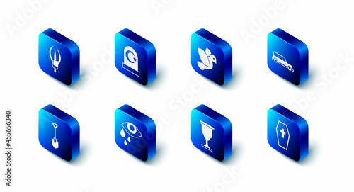 Set Muslim cemetery, Dove, Hearse car, Coffin with cross, Christian chalice, Tear cry eye, Shovel and Lily flower icon. Vector