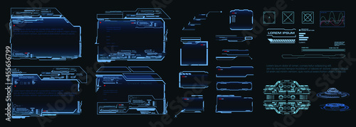 Set of holographic neon frames and elements for HUD user interface. Conceptual design holographic monitor personal computer. Holographic frames and dialogue callouts for video games