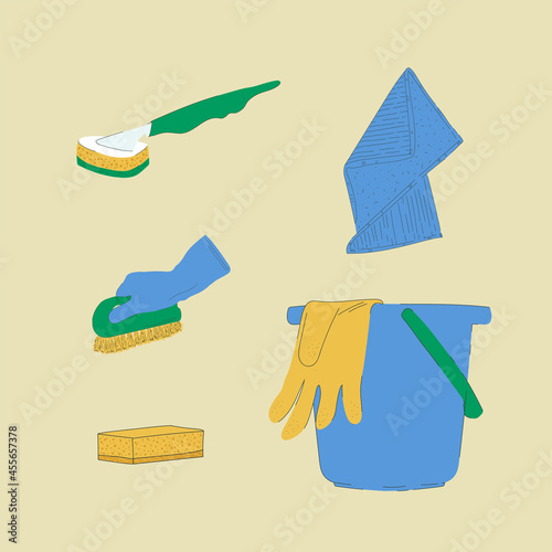 Laundry and cleaning service. A set of illustrations with a bucket, rags, sponges, brushes. Cartoon pictures for the design of the Apartment cleaning Service. Vector illustration photo