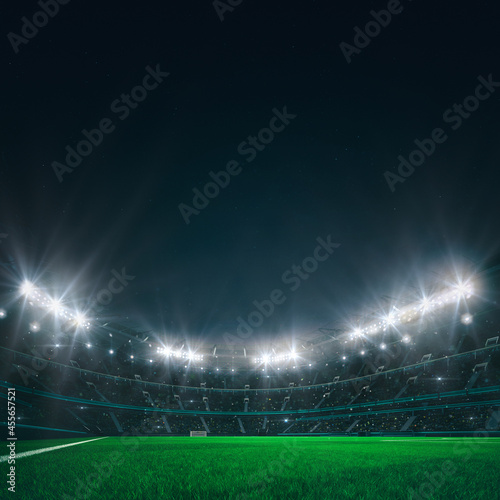 Football stadium building full of spectators expecting an evening match on the grass field. Players view from playground perspective. Sport category 3D illustration background.