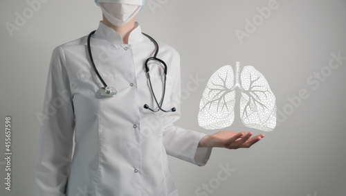 Pulmonologist doctor, lungs specialist. Aesthetic handdrawn highlighted illustration of human lings. Neutral grey background, studio photo and collage.