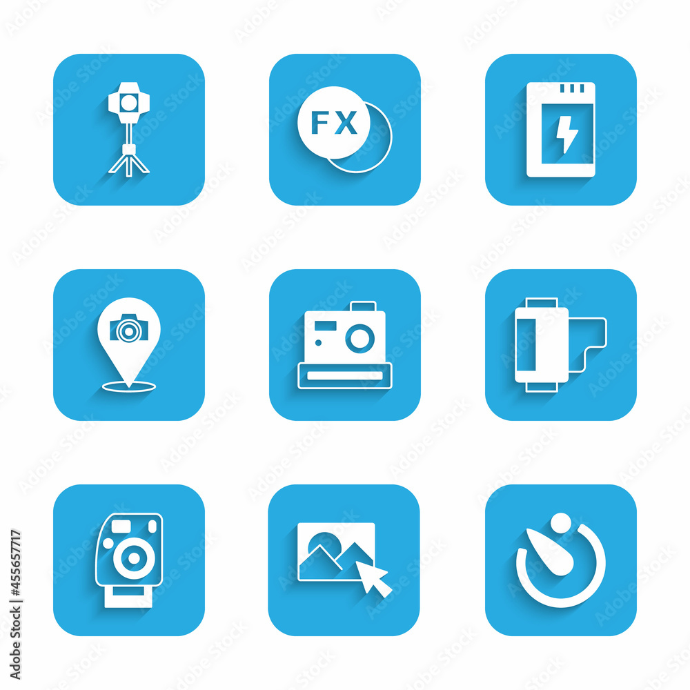Set Photo camera, retouching, Camera timer, roll cartridge, Battery for and Softbox light icon. Vector Set Photo camera, retouching, Camera timer, roll cartridge, Battery for and Softbox light icon. Vector