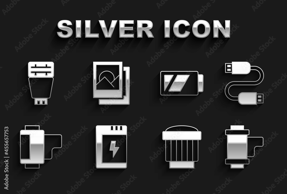Set Battery for camera, USB cable cord, Camera roll cartridge, photo lens, Photo flash and frame icon. Vector Set Battery for camera, USB cable cord, Camera roll cartridge, photo lens, Photo flash and frame icon. Vector