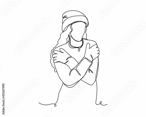 Continuous one line drawing of winter woman christmas  concept icon in silhouette on a white background. Linear stylized.