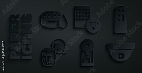 Set Smart coffee machine, Remote control, Voice assistant, Motion sensor, Air humidifier and Water icon. Vector