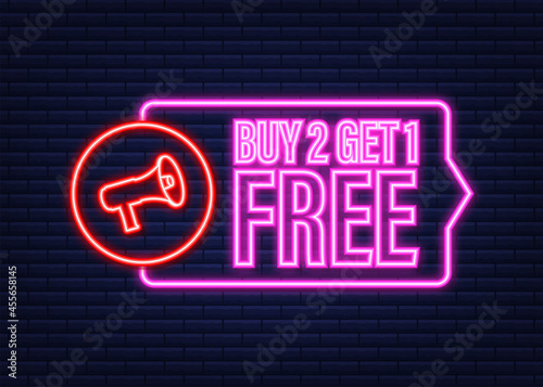 Buy 2 Get 1 Free, sale tag, banner design template. Neon icon. Vector stock illustration.