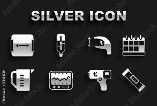 Set Measuring instrument, Calendar, Construction bubble level, Digital thermometer, cup, Approximate measurements, Area and Medical icon. Vector