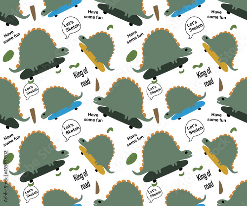Cartoon seamless pattern with dinosaurs and palm trees. Vector illustration for kids. Use for print design, surface design, fashion kids wear