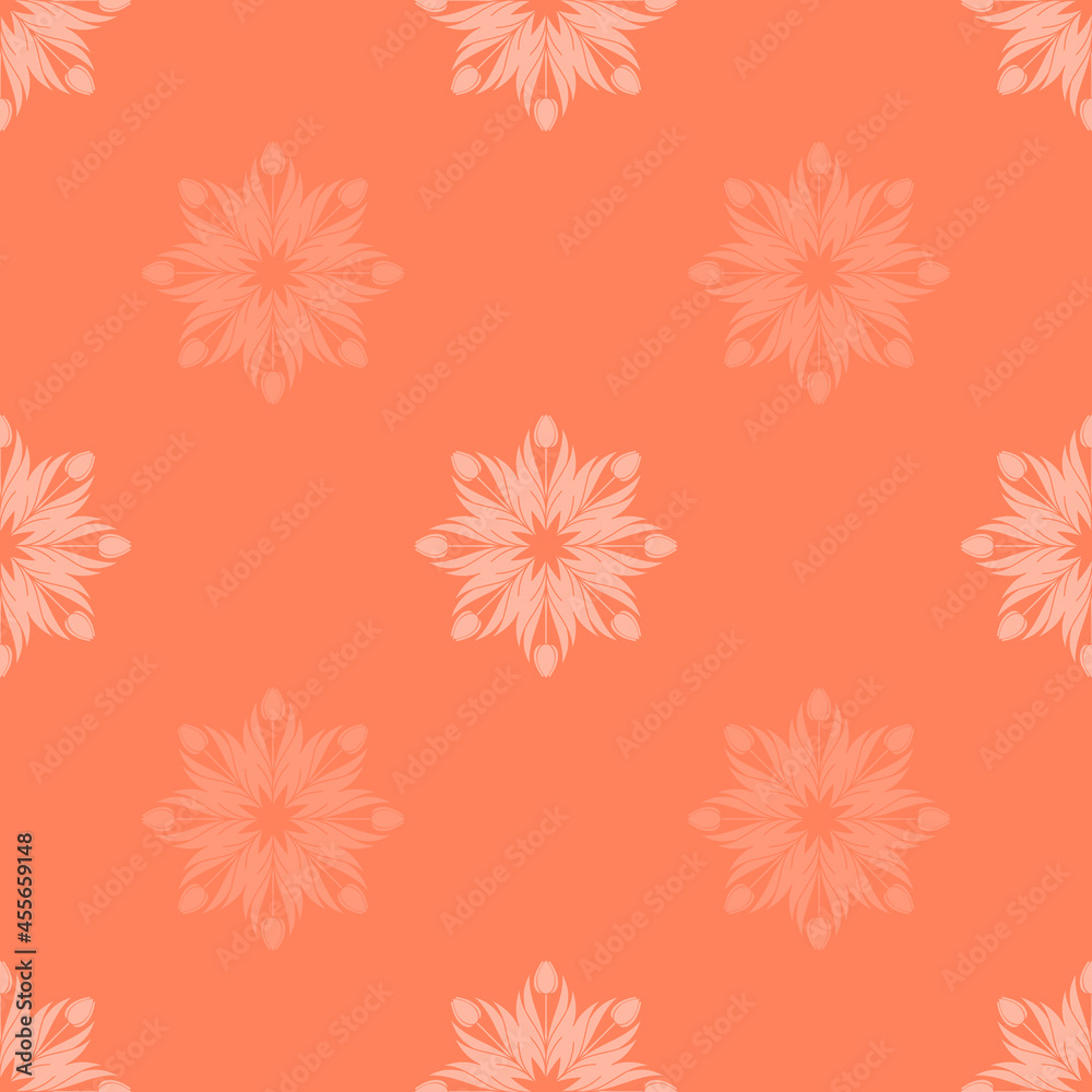 Seamless pattern with a pattern of the silhouette of tulips and leaves. Design in coral, orange for printing, packaging, fabric. Electric Tangerine. Damascus styling. Vector illustration Seamless pattern with a pattern of the silhouette of tulips and leaves. Design in coral, orange for printing, packaging, fabric. Electric Tangerine. Damascus styling. Vector illustration