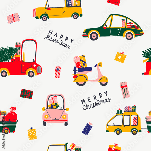 Christmas and New Year greeting seamless pattern. Illustration of retro cars and a scooter with gifts and a Christmas tree. Childish background for design, cards, wrapping paper, textile, wallpaper