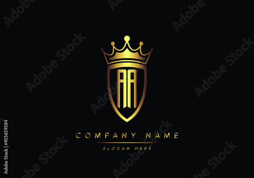 Alphabet letters AA monogram logo, gold color, shield style, luxury style, vector illustration