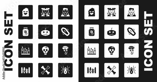 Set Vampire, Pumpkin, Eye jar, Funny and scary ghost mask, Coffin with cross, Witch, Psilocybin mushroom and Burning candle icon. Vector