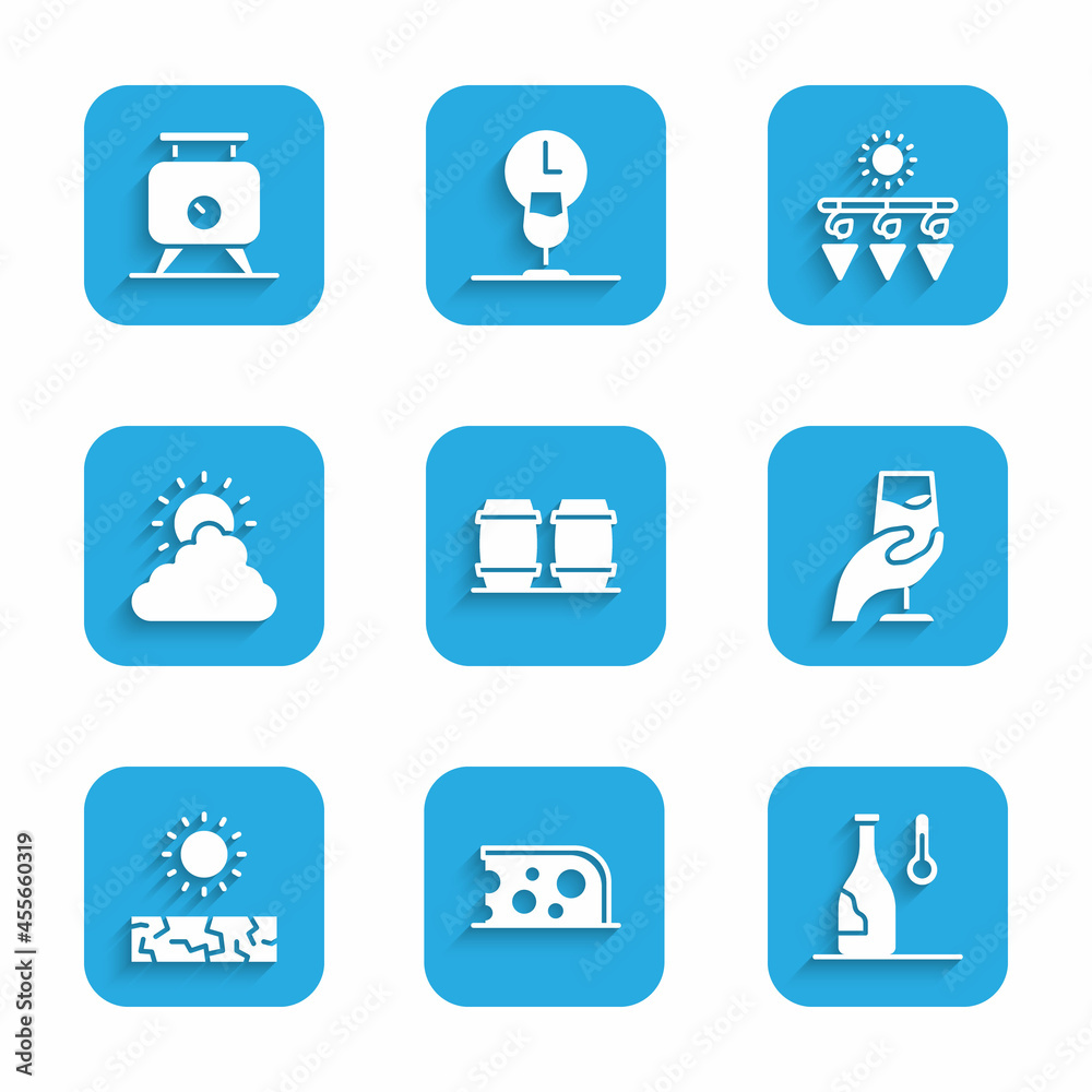 Set Wooden barrel for wine, Cheese, Wine temperature, tasting, degustation, Drought, Sun and cloud weather, Drying grapes and Fermentation of icon. Vector Set Wooden barrel for wine, Cheese, Wine temperature, tasting, degustation, Drought, Sun and cloud weather, Drying grapes and Fermentation of icon. Vector