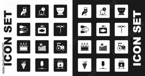 Set Chef hat, Cardboard box of wine, Bottles, Wine tasting, degustation, corkscrew, Wooden barrel for, Tractor and icon. Vector