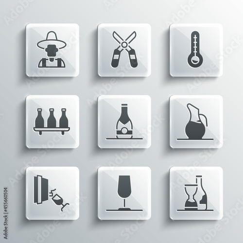 Set Wine glass, Bottle of wine, Decanter for, Champagne bottle, tasting, degustation, Farmer the hat and Meteorology thermometer icon. Vector