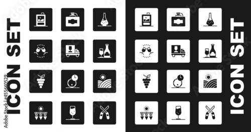 Set Decanter for wine, Wine truck, tasting, degustation, Cardboard box of, bottle with glass, Vineyard grapes and Bunch icon. Vector