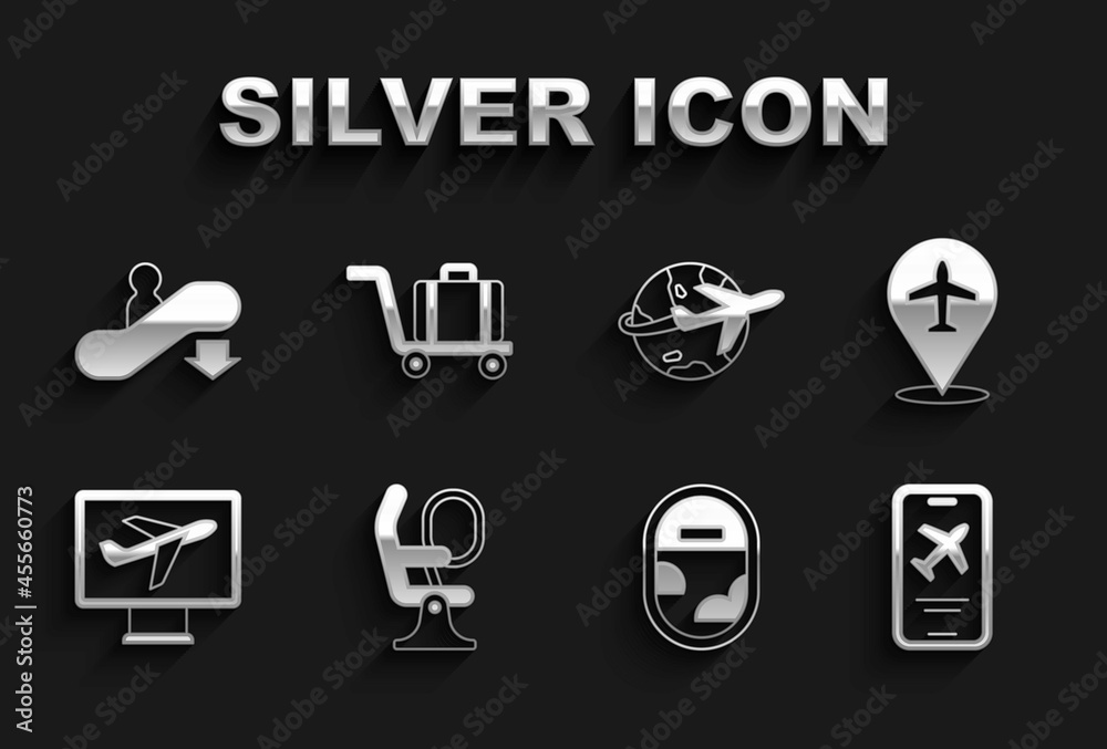 Fototapeta premium Set Airplane seat, Plane, Mobile with ticket, window, Globe flying, Escalator down and Trolley baggage icon. Vector