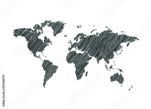 Vector Scribble Lines Textured World Map, Hand Drawn Style Illustration, Map Isolated on White Background, Sketch.