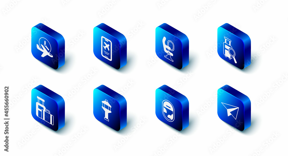 Set Mobile with ticket, Airplane seat, Lost baggage, Paper airplane, window, Airport control tower, Suitcase and Flight time icon. Vector Set Mobile with ticket, Airplane seat, Lost baggage, Paper airplane, window, Airport control tower, Suitcase and Flight time icon. Vector