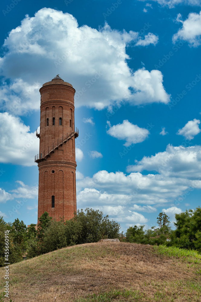 Barcelona, Spain; August 6, 2021: Old water tower in Besos Mar in Barcelona Barcelona, Spain; August 6, 2021: Old water tower in Besos Mar in Barcelona