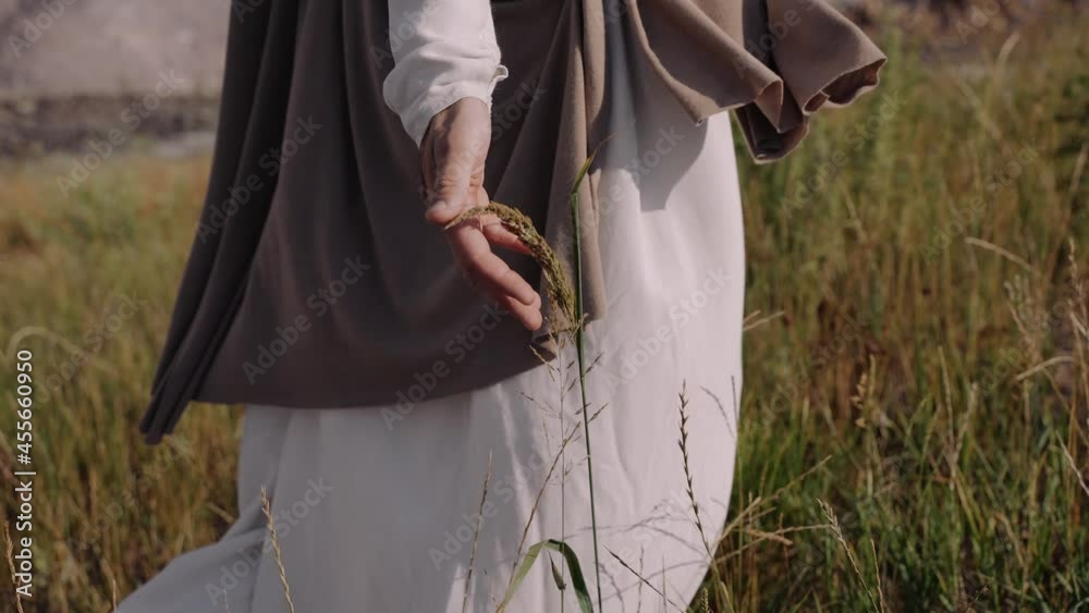 Jesus is walking on the grass, touching the ears with his hands. Close-up. There are traces of a crucifixion on the hands. High quality 4k footage