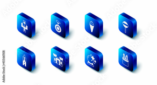 Set Unicycle or one wheel bicycle, Ice cream in waffle cone, Lollipop, Magician hat and rabbit ears, ball, Castle, Circus ticket and Attraction carousel icon. Vector