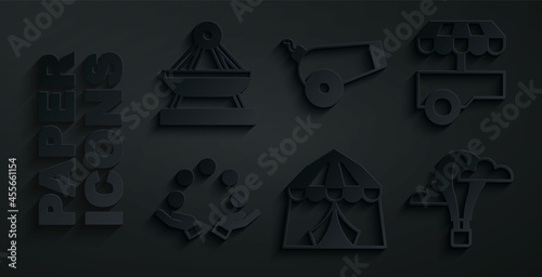 Set Circus tent, Fast street food cart, Juggling ball, Hot air balloon, Cannon and Boat swing icon. Vector