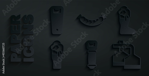 Set Bottle opener, Boot beer glass, Glass of, Beer brewing process, Sausage and icon. Vector