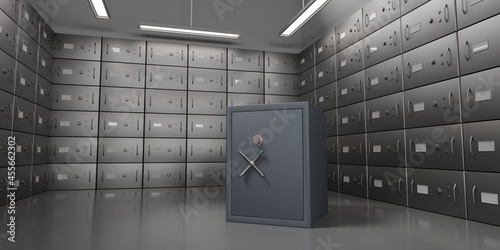 Bank deposit lockers wall with closed metal doors and black safe box, perspective view. Realistic interior empty vault for storage valuables, jewels or money, secure banking service, 3d render