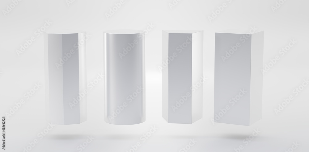 White glossy geometric shapes 3d set, rectangle, trapeze, cylinder and octagon. Empty pedestals or podiums, museum stages, exhibit displays. Blank stands or pillars isolated on white background White glossy geometric shapes 3d set, rectangle, trapeze, cylinder and octagon. Empty pedestals or podiums, museum stages, exhibit displays. Blank stands or pillars isolated on white background