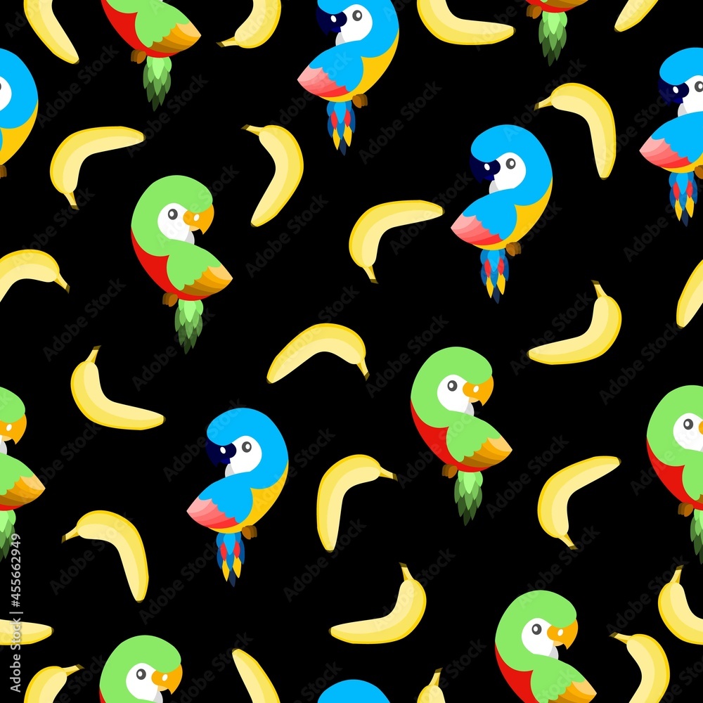 Obraz premium Seamless pattern with ara parrots and bananas. Blue, yellow, green, pink, red. Black background. Cartoon style. Cute and funny. For kids post cards, stationery, wallpaper, textile, wrapping paper