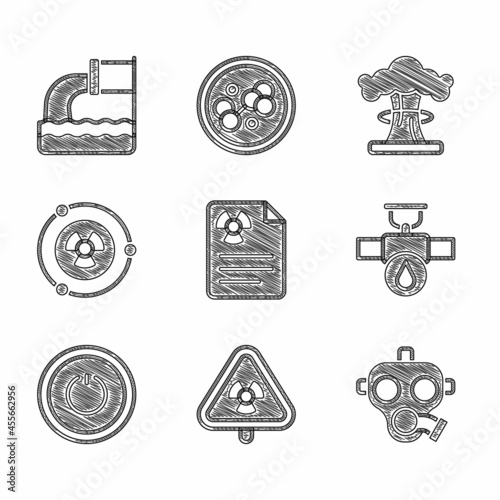 Set Radiation warning document, Triangle with radiation, Gas mask, Industry pipe and valve, Power button, Radioactive, Nuclear explosion and Wastewater icon. Vector