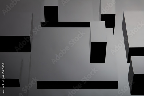 Abstract geometric black podium. Cosmetic square stand in black background