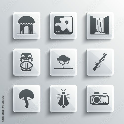 Set Mosquito, Photo camera, Hunting gun, African tree, Mushroom, Mexican mayan or aztec mask, hut and Waterfall icon. Vector