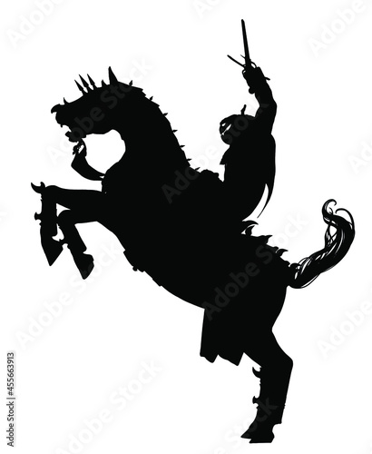 The black silhouette of a mad horseman with a pumpkin head, the walls standing on end, riding a knight's horse in armor, he swings a sword. 3d rendering