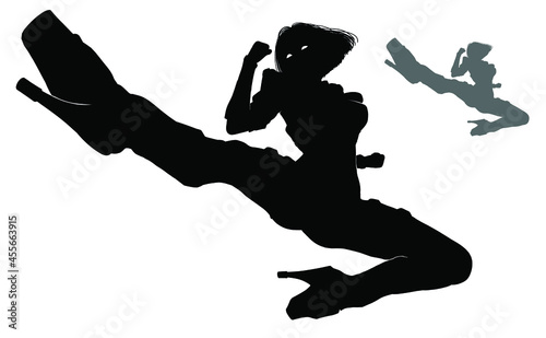 Black silhouette of a beautiful girl of a martial artist, she makes an epic jump shot, beautifully frozen in a fighting pose, she has short hair and hairpins. 2d illustration.