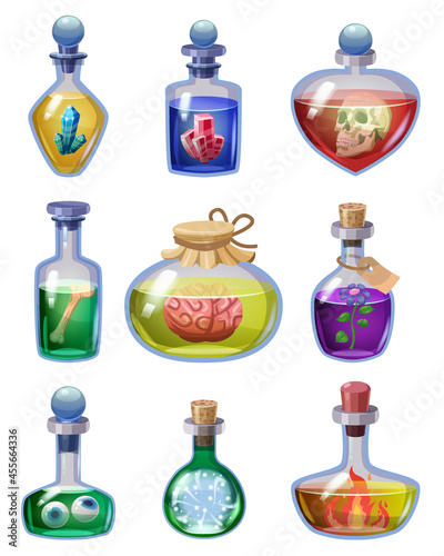 Set of bottles magic potion. Game icons liquid elixir colorful with scull, crystal, bone, blood, frog, flower, mushroom, stone. Vector game asset app UI