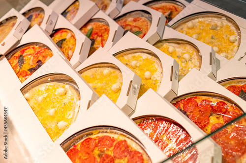 Packaged pizza in the supermarket. Pizza
